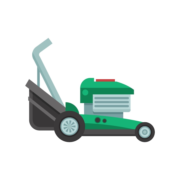 Vector motor de cortadora de césped rotativo en diseño plano icono de cortadora de césped verde ilustración vectorial de máquina de jardinería