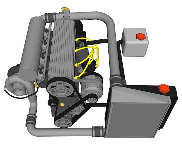 Un motor turboalimentado de cuatro cilindros y alto rendimiento para un automóvil deportivo. ilustración de color vectorial con trazos de contornos de detalles.