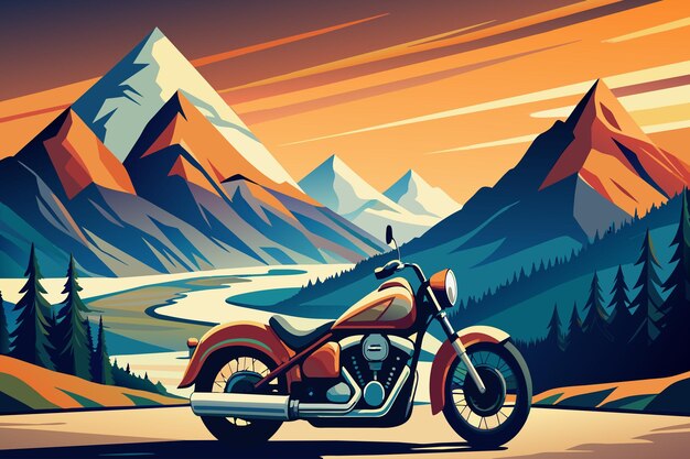 Vector a motorcycle is parked on a road in front of a mountain range