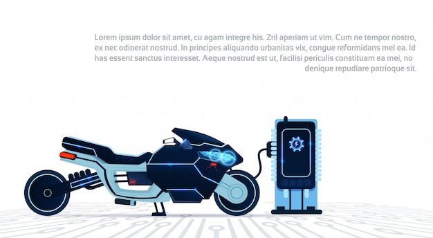 Motos realistas cargando de la electricidad, deporte, azul, moto eléctrica, mientras que el fondo