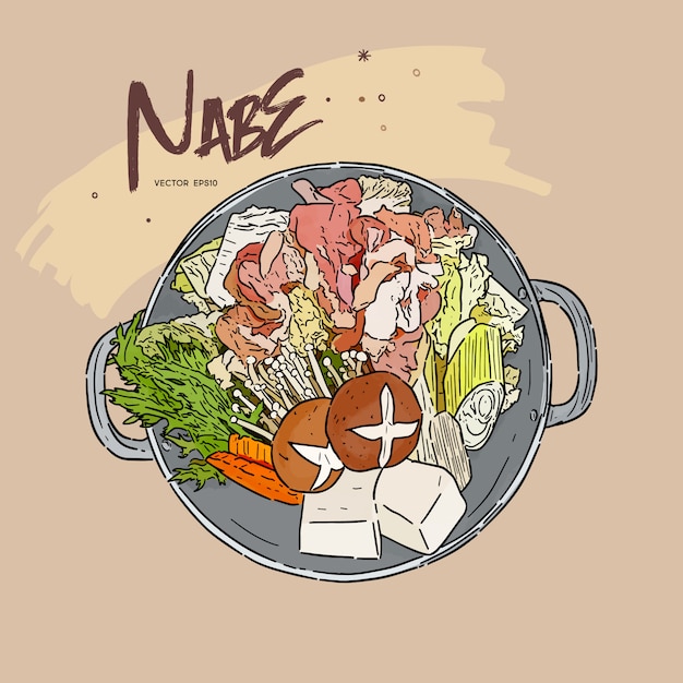 Motsu-nabe es un estofado popular hecho con porciones de tripas de varios tipos de carne, que se prepara en una olla de cocina convencional o en una olla nabe japonesa especial. Dibujar a mano dibujo vectorial.