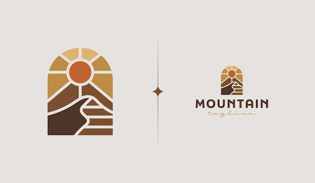Mountain and Sun Rays Mount Peak Hill Nature Landscape vista para la plantilla de logotipo Adventure Outdoor