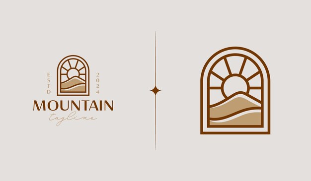 Mountain and Sun Rays Mount Peak Hill Nature Landscape vista para la plantilla de logotipo Adventure Outdoor