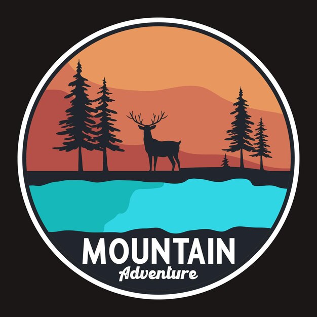 Mountain Dear Adventure Label Vector Ilustración Retro Vintage Badge Sticker y T-shirt Design