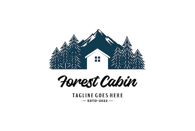 Mountain pine cedar evergreen conifer cypress larch fir forest con el logotipo de cabin cottage