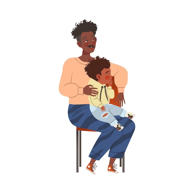 moustached man character with kid waiting in queue sitting on chair vector illustration