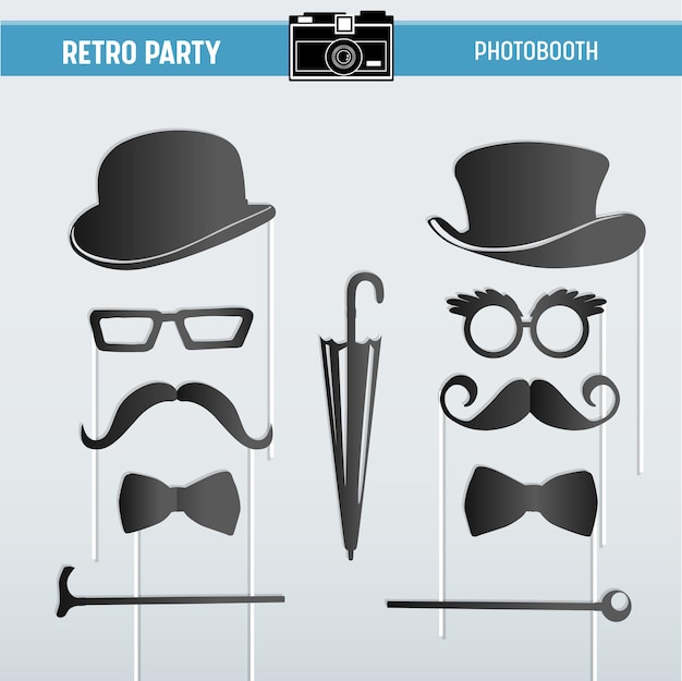 Vector movember retro party imprimibles anteojos, sombreros, bigotes, máscaras para accesorios de fotomatón en vector