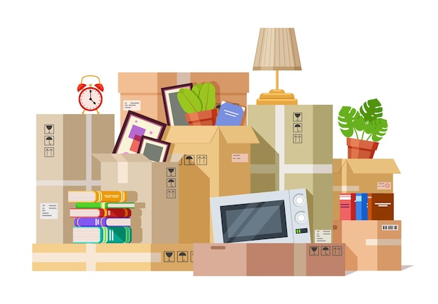 Moviendo cajas. Caja de cartón de embalaje de material familiar. Reubicación de paquetes de cartón, paquete de carga a casa nueva. Estamos movidos ilustración vectorial. Paquete de cartón, paquete para reubicación, carga de cartón
