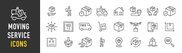 Moviendo iconos web de servicio en estilo de línea Oficina de mensajería mover cargadores de embalaje colección Ilustración vectorial