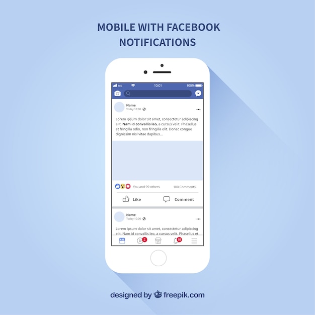 Vector móvil de diseño plano con notificaciones de facebook