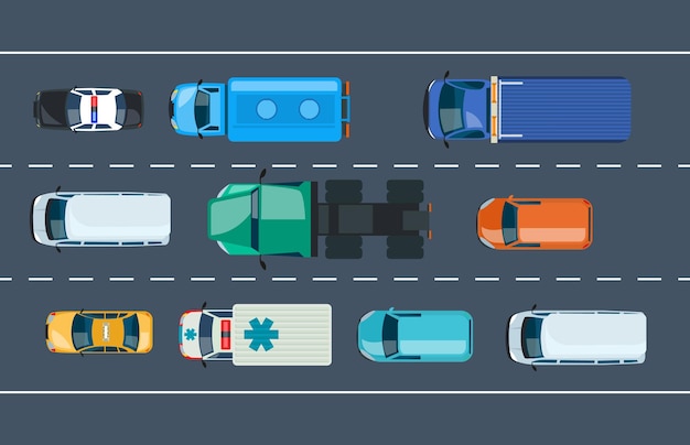 Movimiento del tráfico de automóviles en la vista superior de la carretera marcada. Coche de transporte de vehículos, camión, ambulancia, policía, taxi, furgoneta en carretera urbana. Velocidad de transporte conduciendo en vector de dibujos animados de hora punta