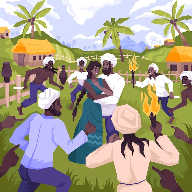 Vector mowgli para colorear página composición plana con vista de pueblo tropical con gente negra sosteniendo llamas cuchillos ilustración vectorial