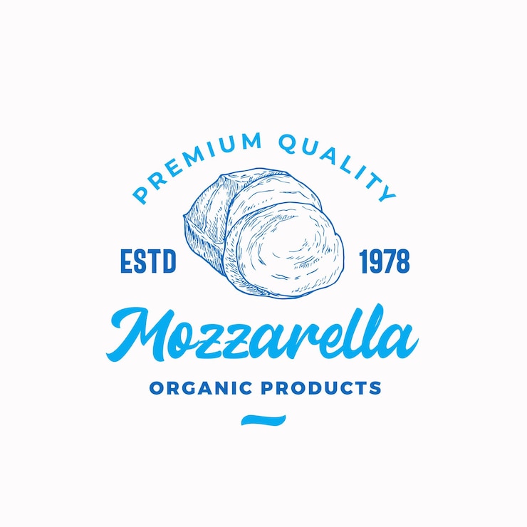 Vector mozzarella resumen vector signo, símbolo o plantilla de logotipo. pieza de queso boceto dibujado a mano con tipografía retro. emblema de lujo vintage. aislado.