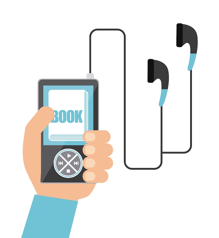 Vector mp3, libro y el icono de auriculares. diseño de audiolibros. gráfico vectorial