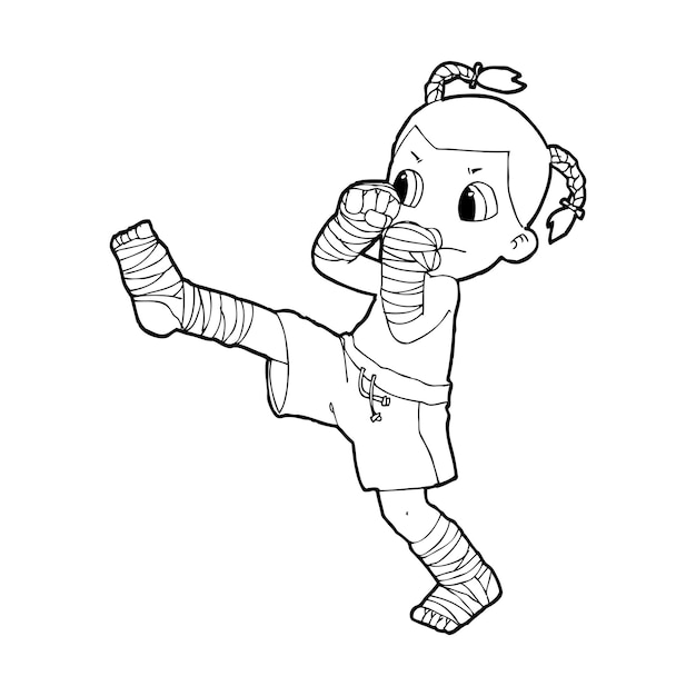 Muay Thai kick boxing Boxeo tailandés niño lindo lucha acción dibujos animados garabato vector ilustración