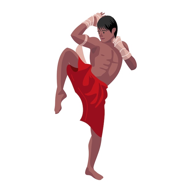 Vector muay thai luchador masculino plano asiático. ilustración vectorial