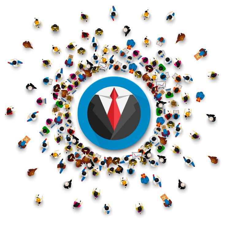 Vector mucha gente se para en una chaqueta circular sobre un fondo blanco. ilustración vectorial