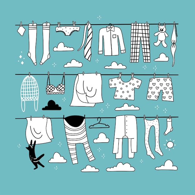 Mucha ropa pura y cosas que cuelgan de la cuerda después de la colada Doodle dibujado a mano ilustración vectorial lineal