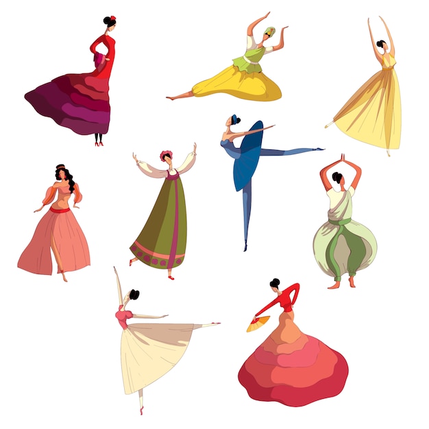 Vector muchacha agraciada en vestido hermoso que realiza danza.