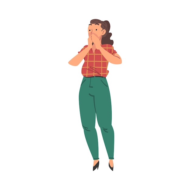 Muchacha aterrorizada, asustada, conmocionada, cubriendo la cara con las manos, mujer asustada de algo, ilustración vectorial al estilo de dibujos animados.
