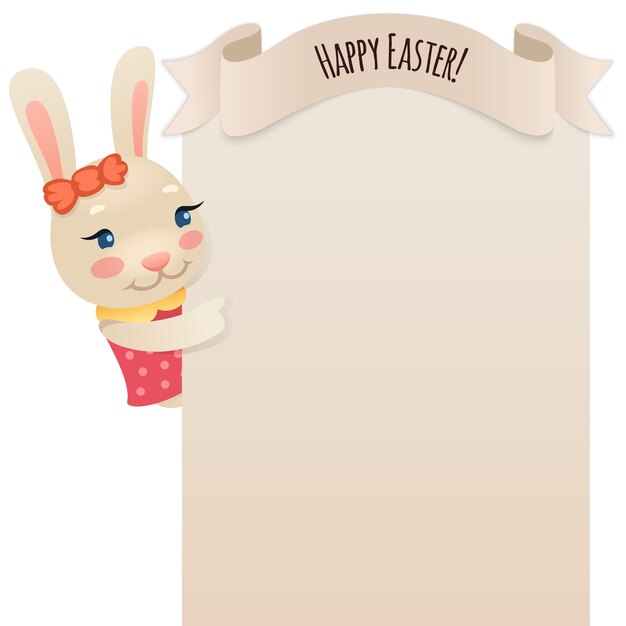 Muchacha de conejito feliz de Pascua que mira el cartel en blanco