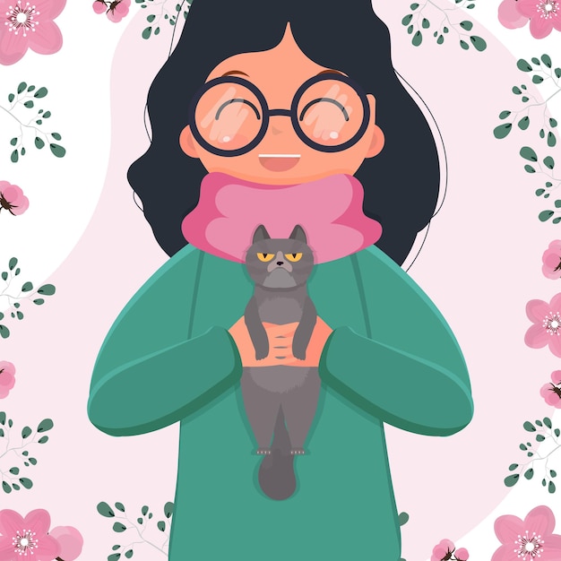 Muchacha feliz del niño preescolar que sostiene un gato en sus brazos. Personaje de dibujos animados para niños con un gato. Ilustraciones planas aisladas.