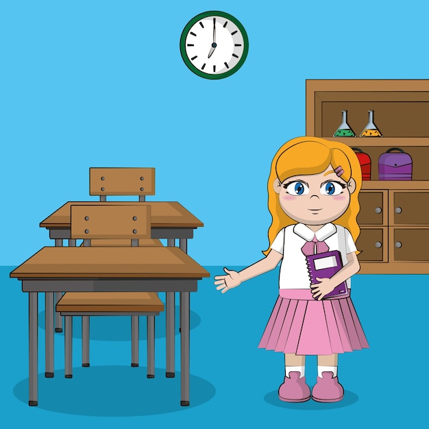 Muchacha linda del estudiante en el diseño gráfico del ejemplo del vector de la historieta de la sala de clase