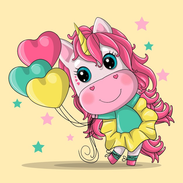 Vector muchacha linda del unicornio con el ejemplo dibujado mano de la historieta de los globos del corazón.
