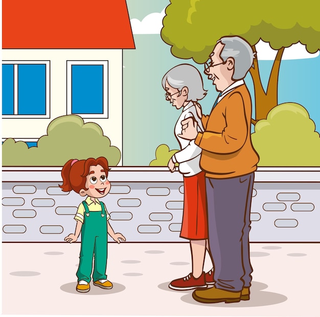Una muchacha saludando a sus abuelos afuera