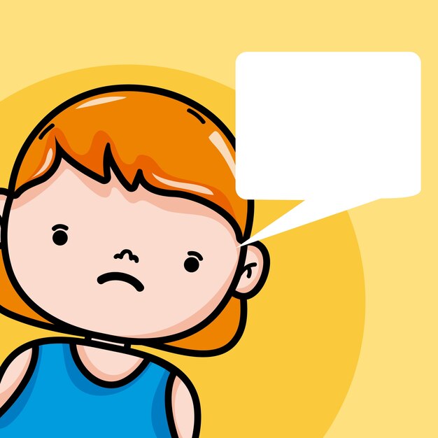 Muchacha triste con diseño gráfico del ejemplo del vector del discurso de la burbuja en blanco