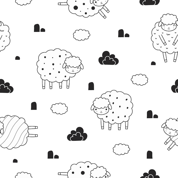 Muchachas ovejas blancas y negras con un patrón sin costuras, fondo de animales de granja de dibujos animados, diseño para impresiones desi