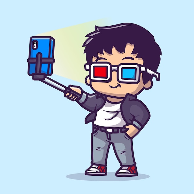 Muchacho fresco que toma Selfie con la ilustración del icono del vector de la historieta de la cámara del teléfono. Concepto de icono de tecnología de personas aislado Vector Premium. Estilo de dibujos animados plana