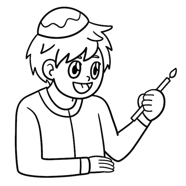 Muchacho de Hanukkah sosteniendo una vela aislada para colorear