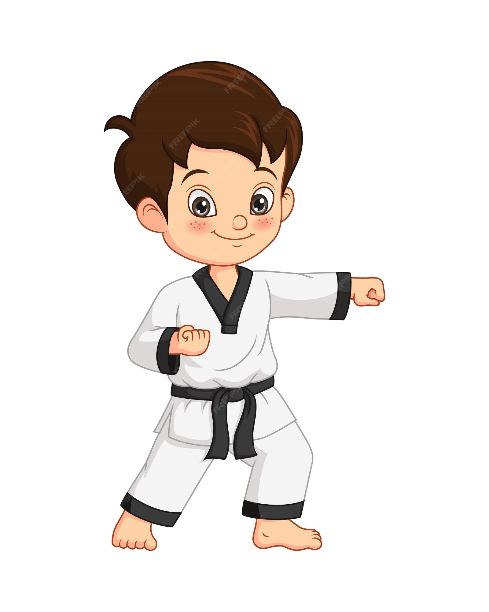 Muchacho de karate de dibujos animados practicando karate | Vector Premium