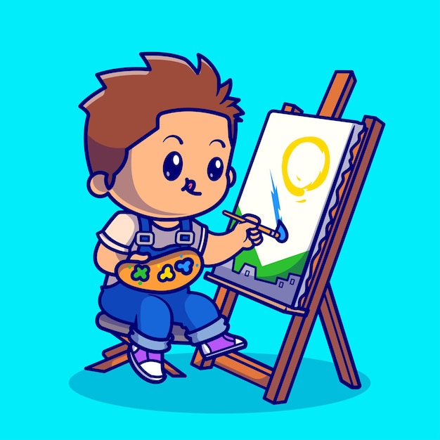 El muchacho lindo está pintando la ilustración del icono del vector de la historieta. Concepto de icono de arte de personas aislado Vector Premium. Estilo de dibujos animados plana