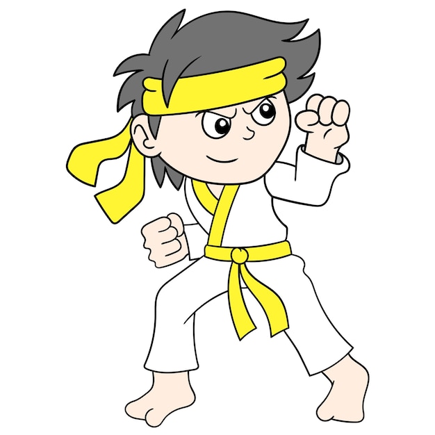 El muchacho está planteando haciendo entrenamiento de artes marciales, arte de ilustración vectorial. imagen de icono de doodle kawaii.