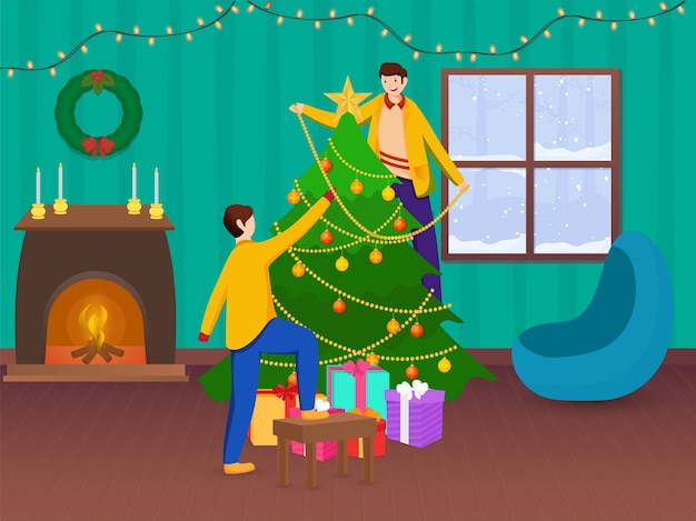 Los muchachos decoraron el árbol de Navidad juntos