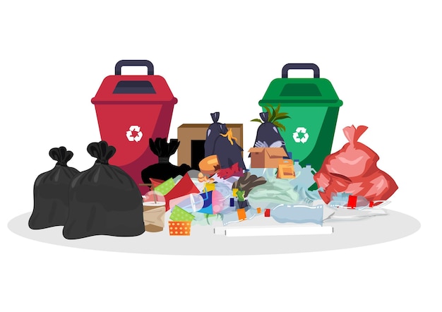 Muchas bolsas de basura residuos de plástico en la acera muchas bolsas de basura de plástico cajas de papel botellas de basura y tubos de plástico de vidrio vector de ilustración de dibujos animados de estilo plano