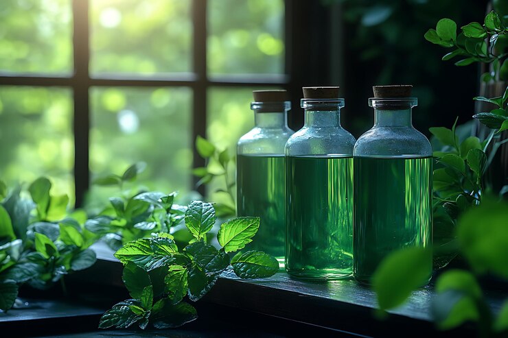 Vector muchas botellas de vidrio con líquido azulado y jardín de hierbas fondo de enfoque suave con acentos florales