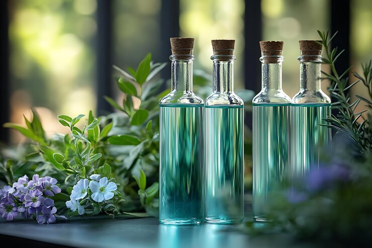 Vector muchas botellas de vidrio con líquido azulado y jardín de hierbas fondo de enfoque suave con acentos florales