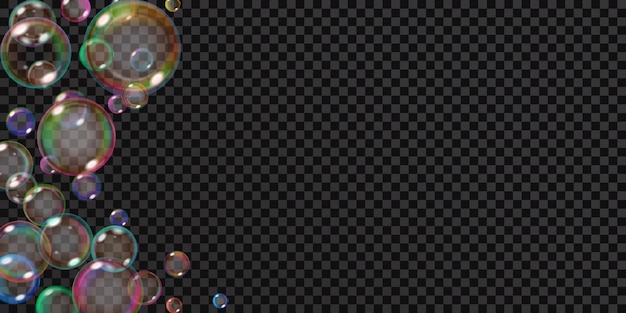 Muchas burbujas de jabón arco iris translúcidas ubicadas a la izquierda aisladas en un fondo transparente Mejor utilizado en ilustraciones oscuras Transparencia solo en formato vectorial