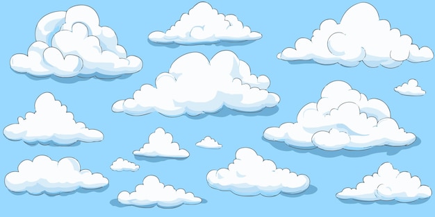 Muchas colecciones de nubes diferentes en el cielo azul vacaciones de verano tiempo fresco soleado con nubes dibujos animados