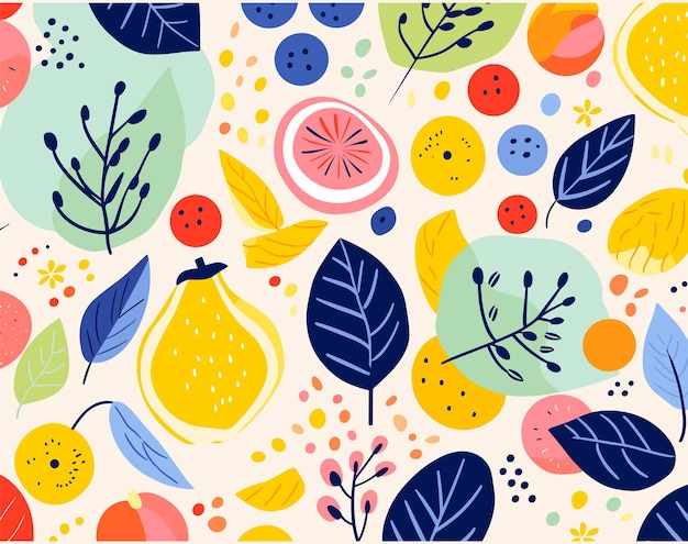 Muchas hojas y frutas coloridas en un vector de fondo colorido al estilo de flores caprichosas