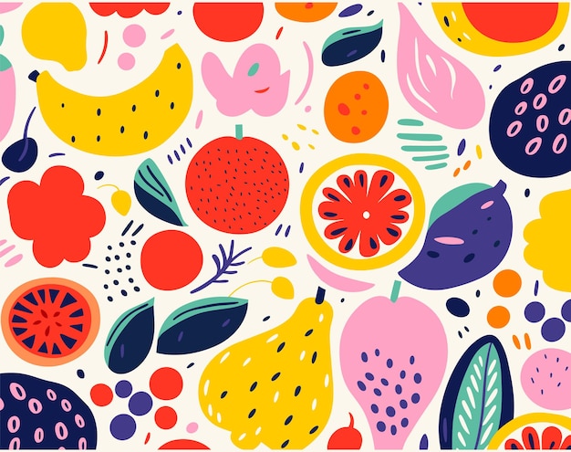 Muchas hojas y frutas coloridas en un vector de fondo colorido al estilo de flores caprichosas