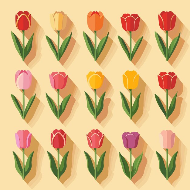 Vector muchas ilustraciones vectoriales planas de tulipanes con sombras de alta resolución