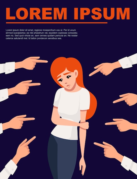 Muchas manos señalando a la mujer triste pelirroja molesta mirando hacia abajo ilustración vectorial sobre fondo oscuro