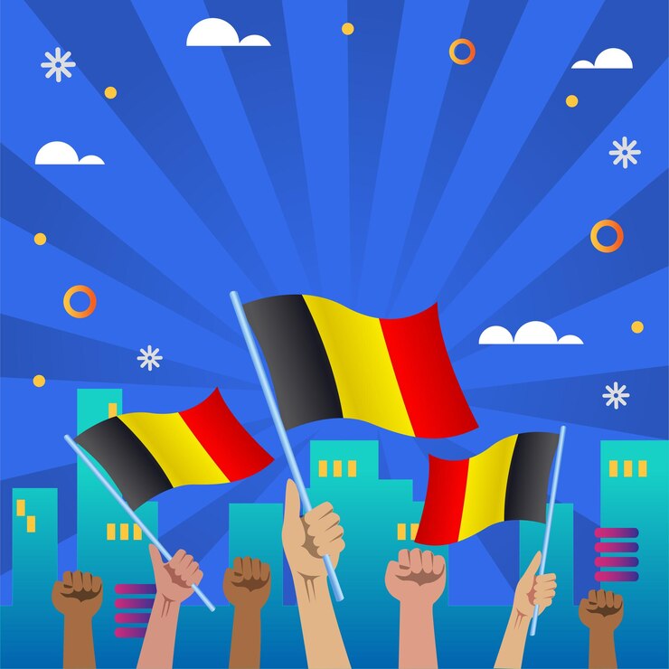 Vector muchas manos sostienen la bandera de bélgica varios grupos de manos agitaban pequeñas banderas