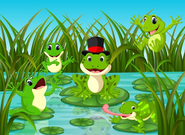 muchas ranas en la hoja con la escena del río