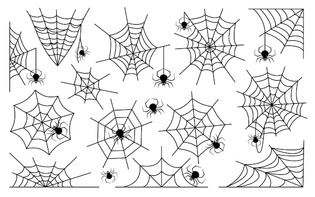 Muchas telas de araña diferentes con arañas negras