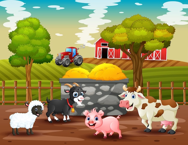 Muchos animales en una ilustración de paisaje de granja